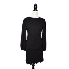 Ruched Ruffle Hem Dress Long Sleeve Black Size Medium