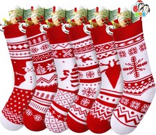 6 Pack 18" Christmas Knit Stockings, Large Rustic Yarn Xmas Stockings Bulk