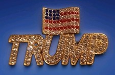 Bellissima spilla: "TRUMP" con bandiera americana. Completo di strass pimponato!