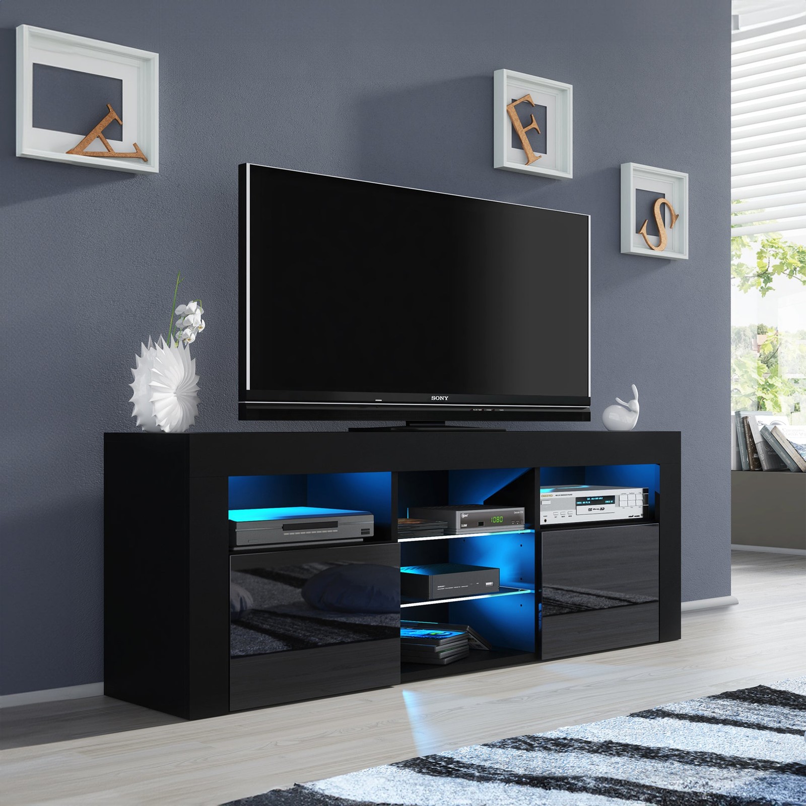 TV Stand 145cm Matt Black Body Gloss Black Doors LED LUNARO