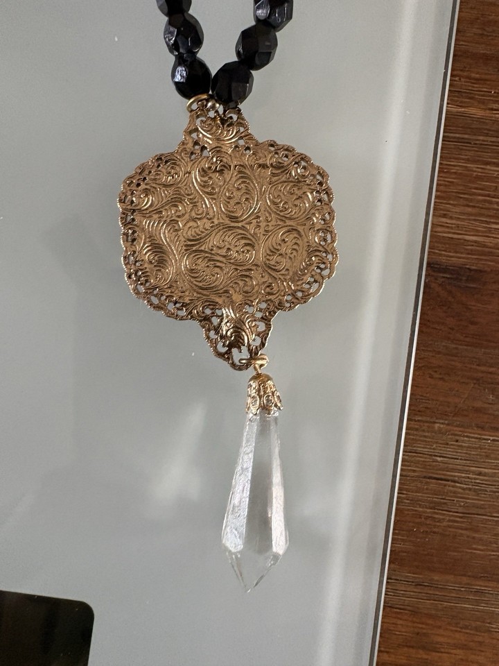 1928 Necklace 24” Black Jet Glass & Rhinestone Filigree Pendant READ ...