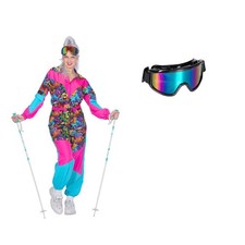 80er Jahre Ski-Anzug Graffiti Damen Kostüm mit Brille 80's Overall Einteiler