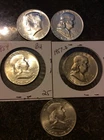 5 COIN LOT 4 FRANKLIN HALVES  1 KENNEDY 1954 1954-D 1957-D 1957-D 1964 SILVER