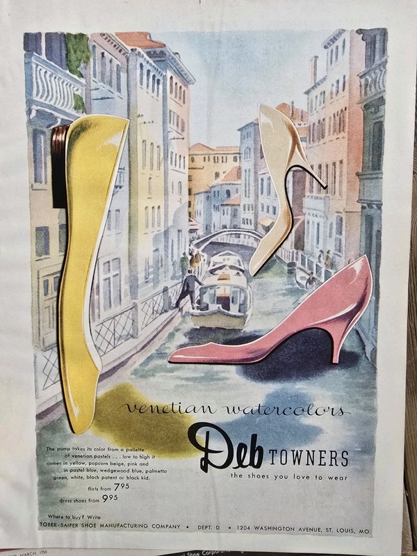 1956 Women's Deb Towners Shoes Venetian Water Colors Fashion Art Ad 