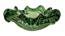 Venetian Art Glass Green Ruffled Bowl Controlled Bubbles Made In Murano Italy