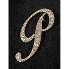 Large Letter P Rhinestone Brooch Gold Tone Initial Monogram Pin