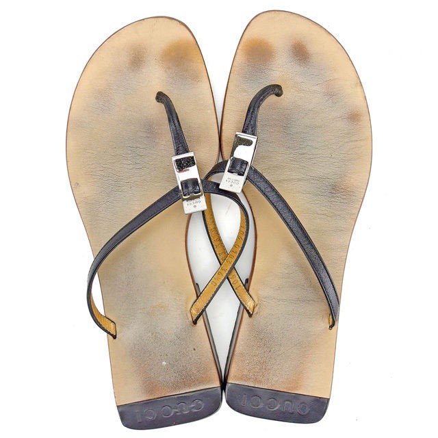 GUCCI Sandals Shoes Women's #36 Half C Black x Silver Leather T13105 Brand High