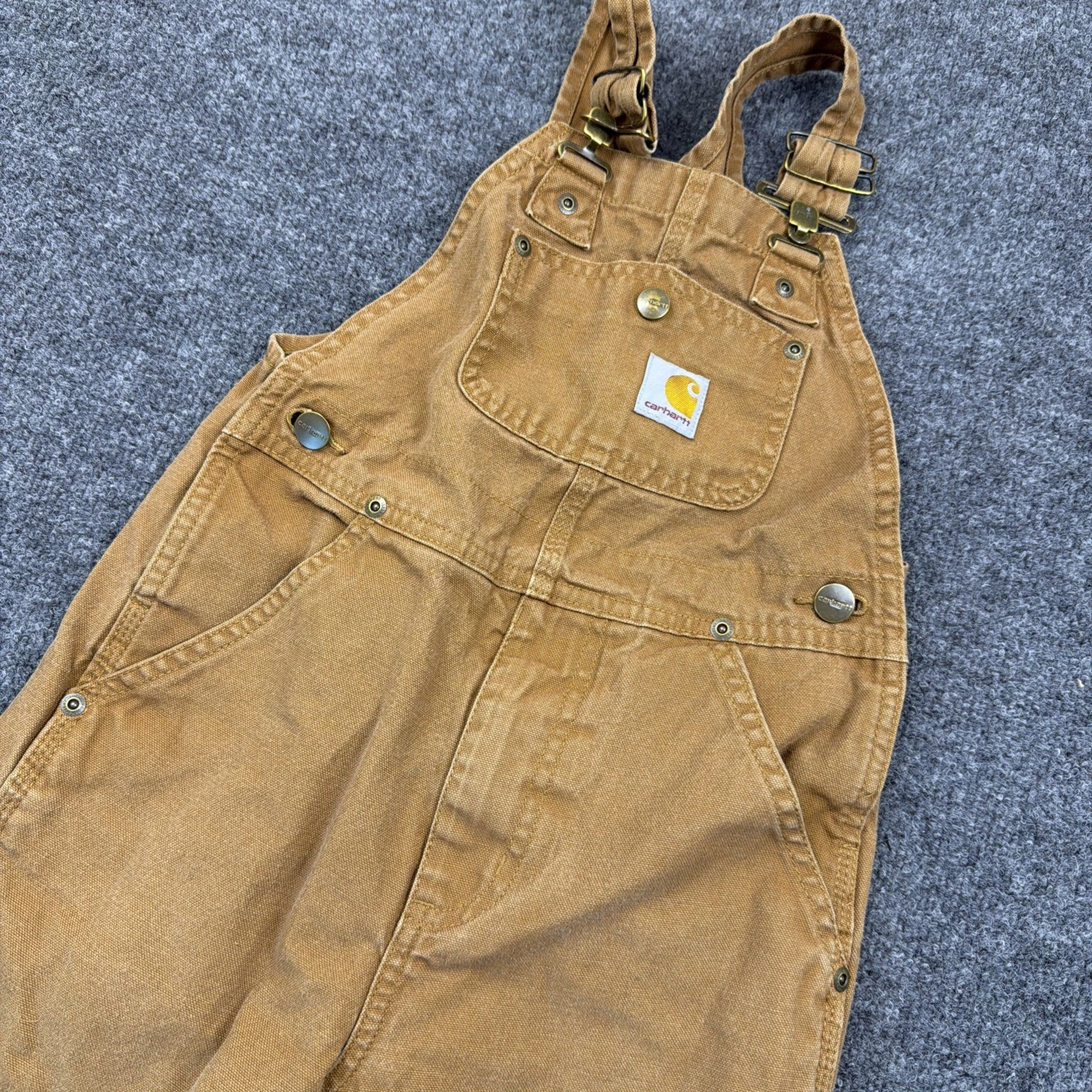 Carhartt Brown Duck Canvas Bib Overalls Double Knee Workwear Kids Boys Size 5