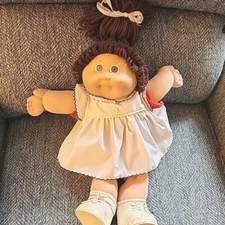 Vtg Cabbage Patch Kid Doll 1984 Brown Hair Eyes Dimple Red Dress Shoes Socks