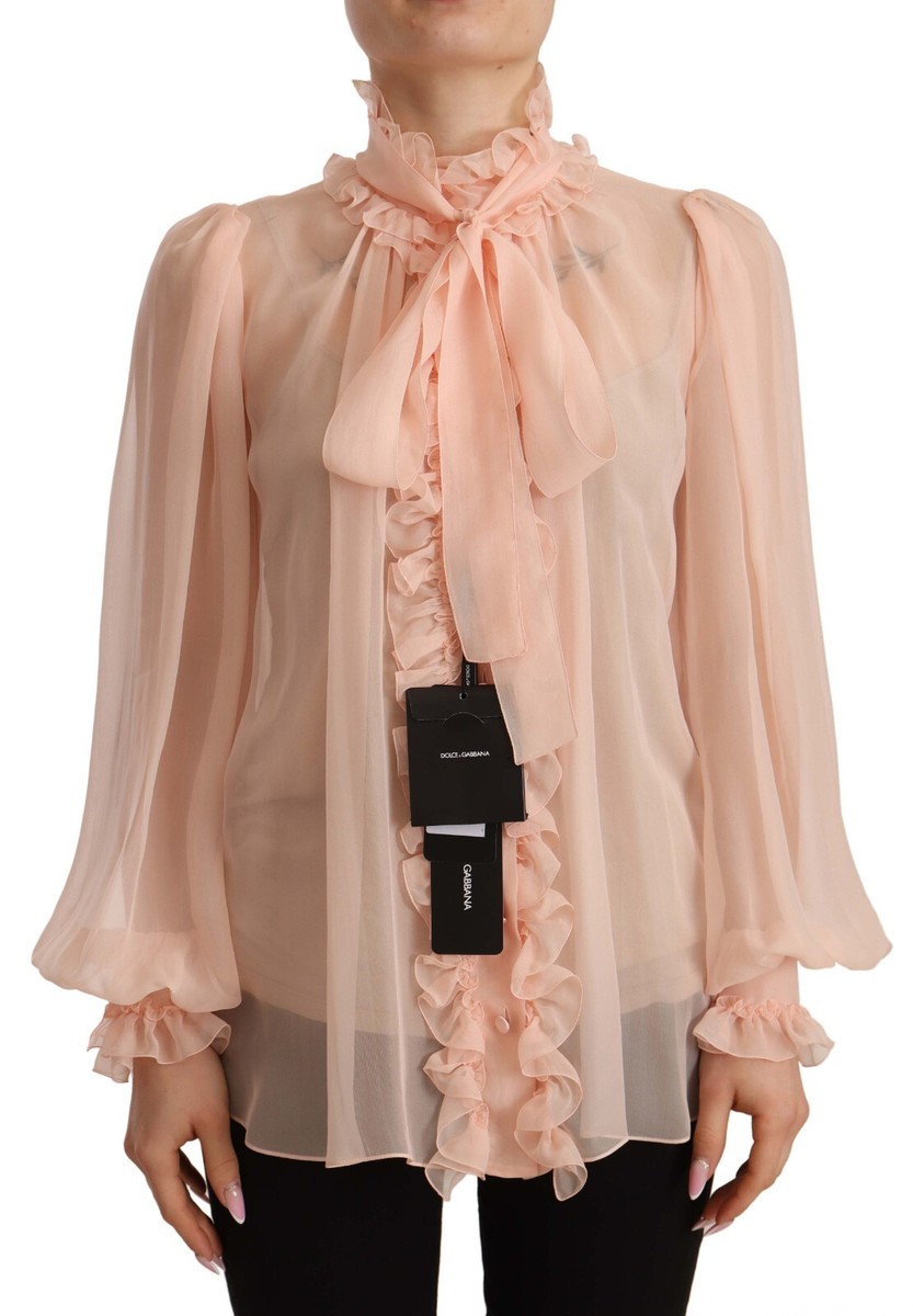 DOLCE & GABBANA Top Light Pink Silk Long Sleeve Ascot Collar DOLCE & GABBANA Top Light Pink Silk Long Sleeve Ascot Collar