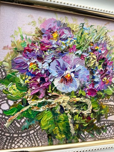 Bouquet Pansies Original oil painting Newspaper painting flowers art 4x4 inch - Picture 10 of 11
