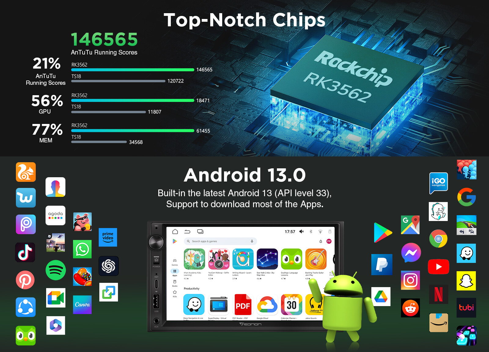 Eonon 7 inch Apple CarPlay Android 13 Auto 2 Din Car Stereo Radio Head Unit GPS