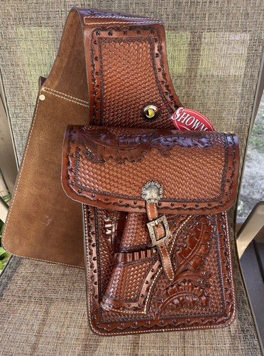 Western Tooled Basket Weave Leather Saddle Bags Cantle Bag w Gun Holster 176861 - Picture 2 of 10
