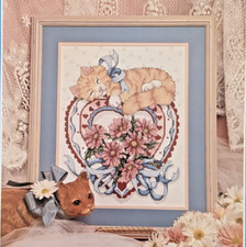 Vintage Cat Heart Flowers Counted Cross Stitch Kit Candamar Designs 11" by 14"
