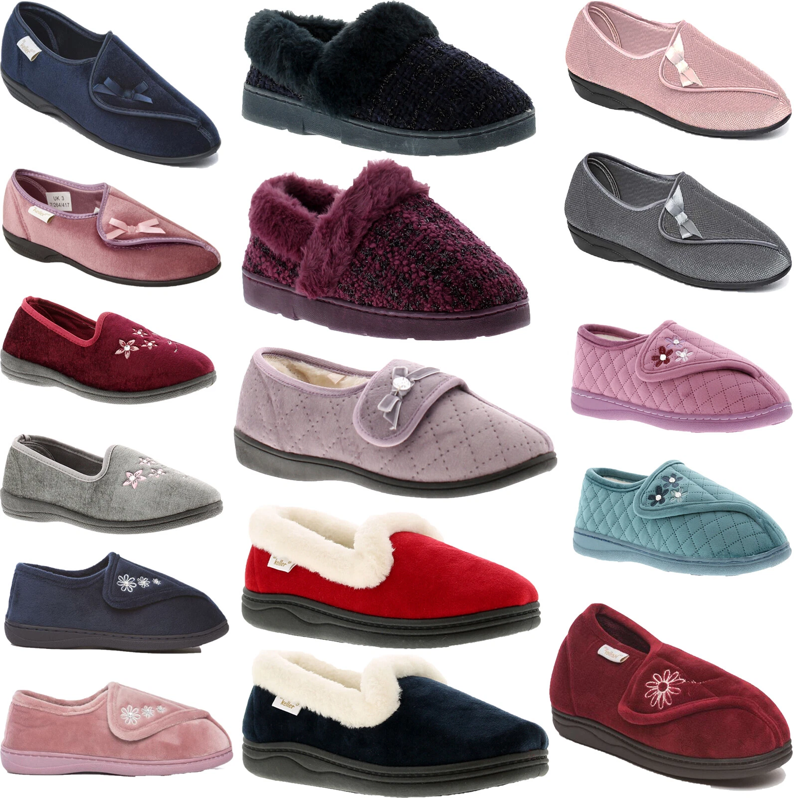 LADIES EMBOSSED TOUCH FASTENING SLIPPERS WOMENS COMFY WARM LINED CLASSIC SHOES