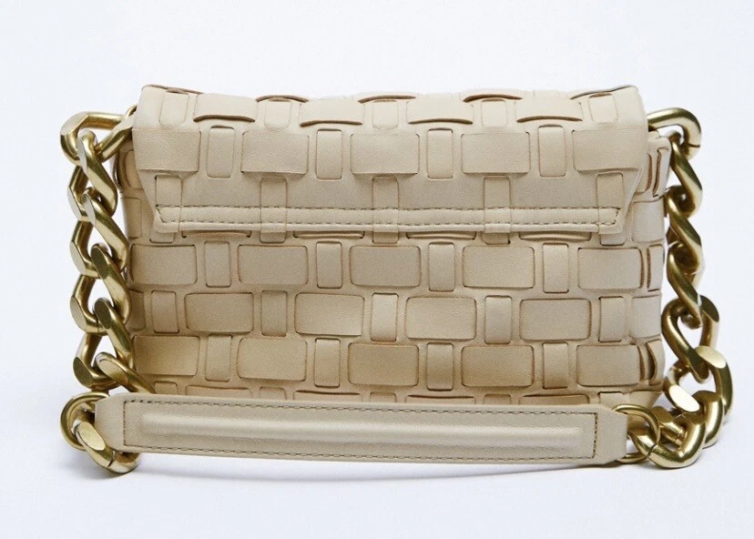 ZARA 100% Real Leather Woven Shoulder Bag Shopper Handbag Gold Chain 6295 810