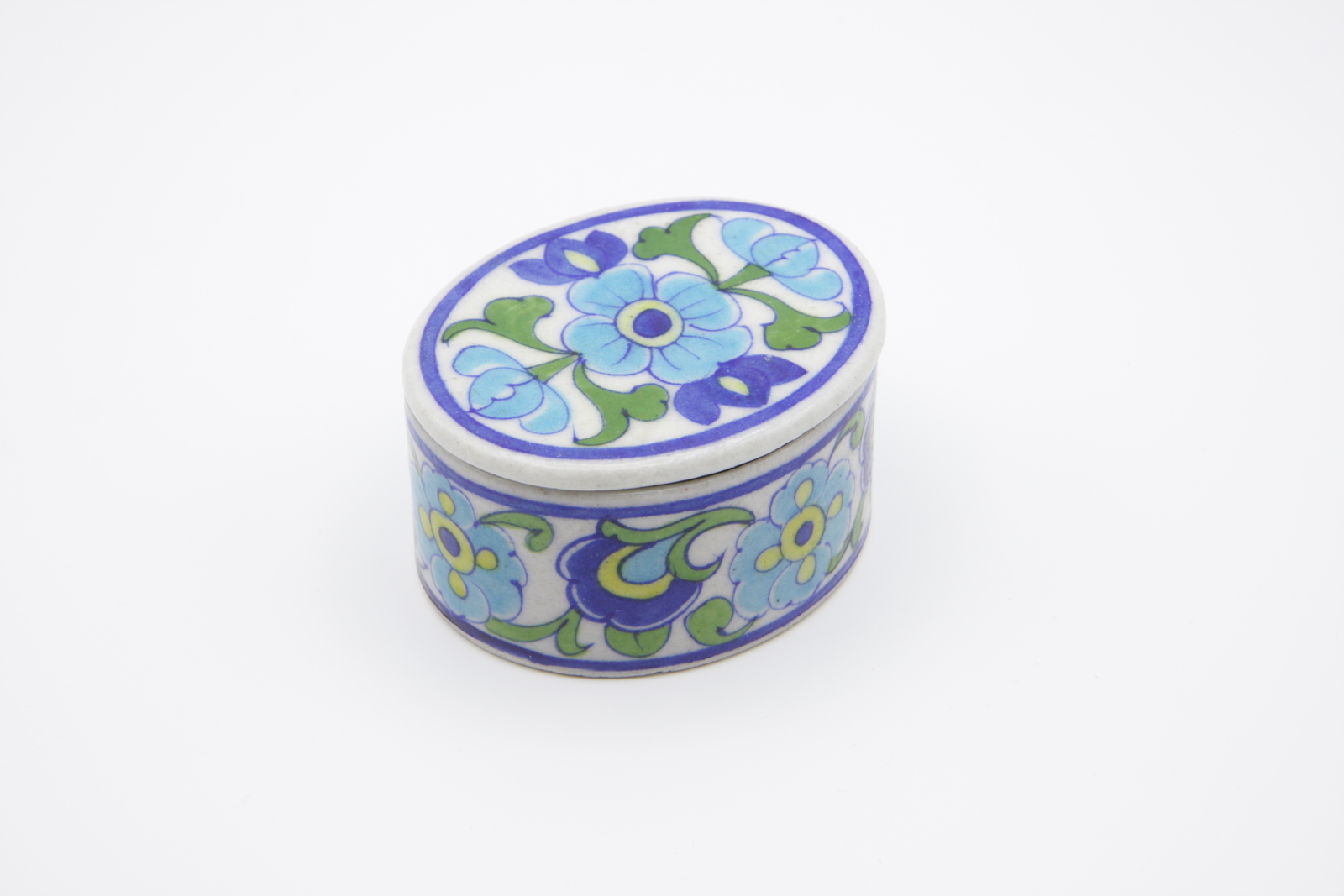 Vintage Porcelain Jewelry Box with Blue Floral Pattern from India-image