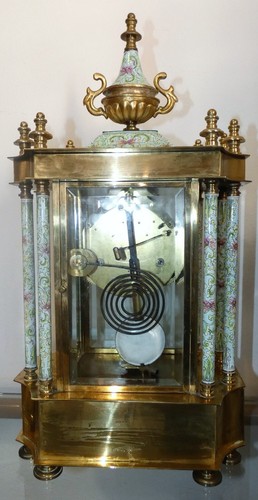 34171-Beautiful CLOISONNE-ENAMEL/BRONZE GLASS PENDULUM-8 COLUMN TABLE CLOCK-51cm H - Picture 18 of 20
