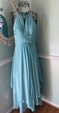 $240 ELIZA J 4 Dress Embellished Tiered Chiffon Halter Gown formal AQUA Prom