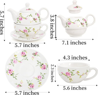 Tea for One Set, Porcelain Teapot Cup and Saucer Set with Tassel