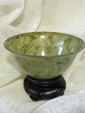 Mini ciotola giada verde 2”+ su supporto legno intagliato vintage pietra asiatica