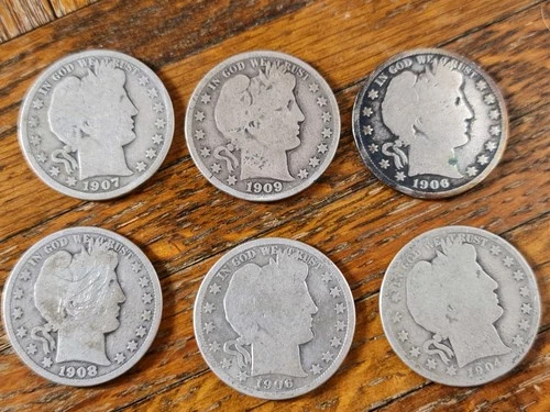 LOT OF 6 BARBER HALF DOLLARS: 1906, 1908, 1906,  1907, 1909, 1904