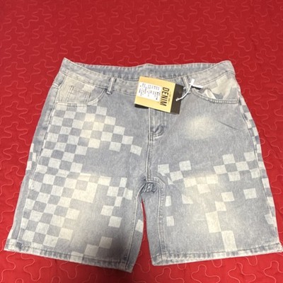 DENIM Men's Light Blue Checkered Cotton Denim Bermuda Shorts Zip 5-Pocket Design