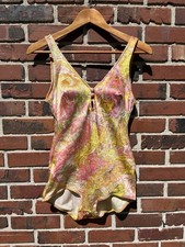 1960s Vintage Bathing Suit Velvet Paisley Yellow Pink