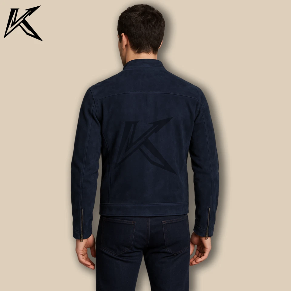 Mens Navy Suede Moto Jacket Biker Style Zip Up Lightweight Faux Suede Coat - Image 2 of 4