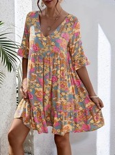 Women's Boho Floral Print V-Neck Casual Half Sleeve High Waist A-Line Mini Dress