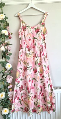 BEAUTIFUL PER UNA PINK & MULTICOLOURED FLORAL LINEN MIDI DRESS 16 L - Image 1 of 3