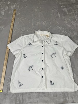 Bobbie Brooks Nautical Embroidered Short Sleeve Button Up Women s Large
