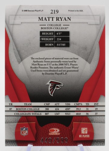 2008 Leaf Certified Materials Matt Ryan 219 440/599 Patch - Picture 2 of 2