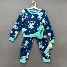 Disney Stitch Pajama Set Girls Small 6/6X Blue Fleece 2 Piece W/Headband NWT