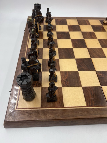 Hand Carved Wooden Chess Set & Board Vintage Medieval Complete Folding - Picture 3 of 24