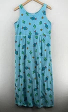 FRESH PRODUCE Dress M Sleeveless Maxi Shift Tank Fish Print Cotton Jersey Blue