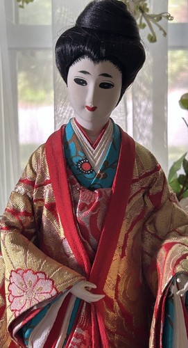 Japanese Geisha Doll Large 18" Tall Art Deco Silk Kimono On Stand Vintage - Picture 5 of 20