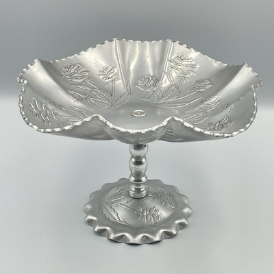 Vintage Aluminum Rose Compote Pedestal Candy Dish 7  Embossed Flowers MCM