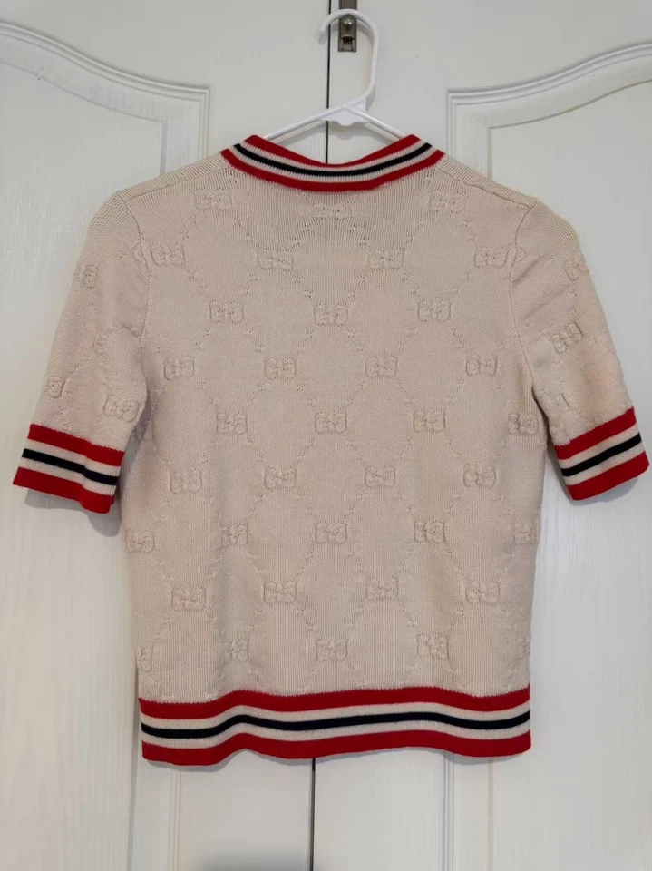 Gucci GG Logo Short Sleeve Wool Knit Top Ivory Red Trim Made in Italy Size M - Image 4 of 4