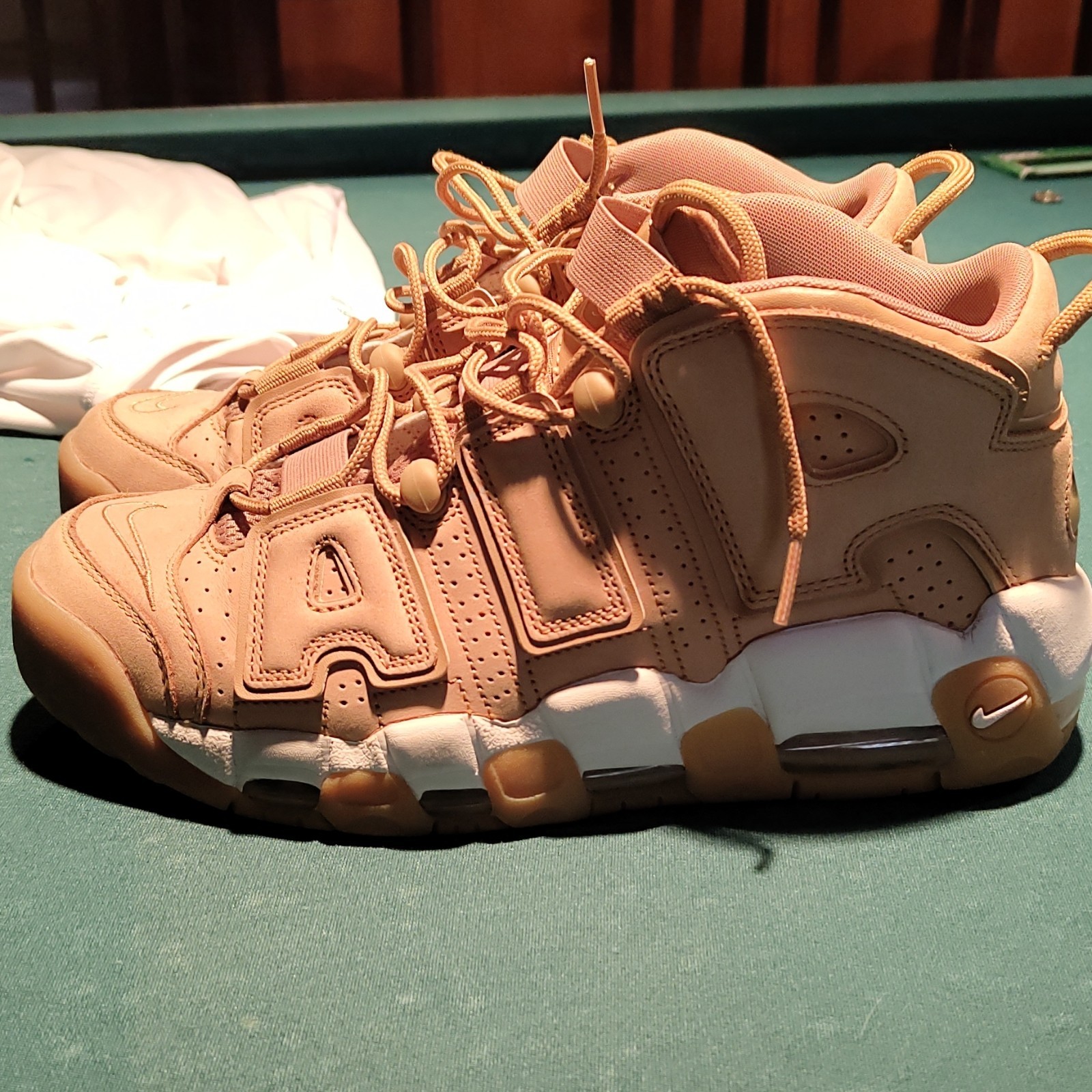 Nike Air More Uptempo Tan White Mid Top Lace Up Basketball Sneakers