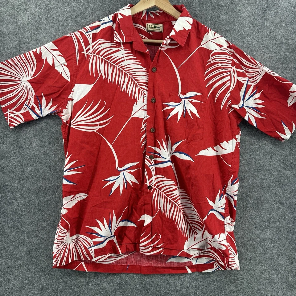 LL Bean Vintage Hawaiian Shirt Mens Large Red White Leaf Print Floral - Image 2 of 4
