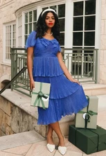 Ivy City Co. womens Cecily Tier Pleated Midi Dress size 8 Cobalt Blue Sparkly