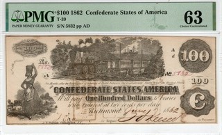 T 39 PF 5 1862 $100 Confederate Paper Money PMG Choice Uncirculated 63