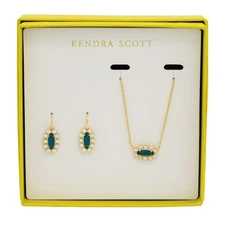 Kendra Scott Emma Framed Pendant Necklace & Drop Earrings Gold Dark Blue Glass