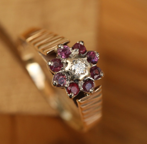 Diamond & Rubies Flower Cluster Ring Wide Ribbed Band
