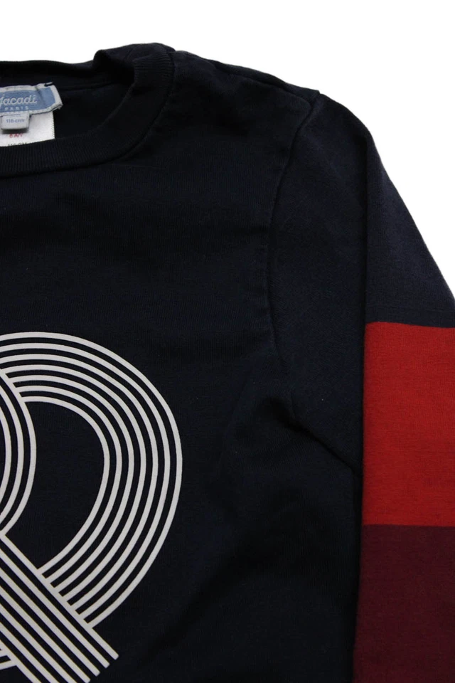 Jacadi Boys Striped Long Sleeve Crew Neck Logo Pretzel Tee Shirt Navy Size 6 - Image 3 of 4