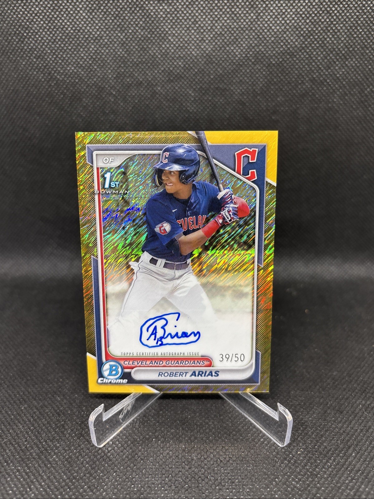 2024 Bowman Chrome Robert Arias 1st Gold Shimmer Auto /50 RC Guardians