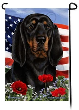 Patriotic Flowers Garden Flag - Black and Tan Coonhound