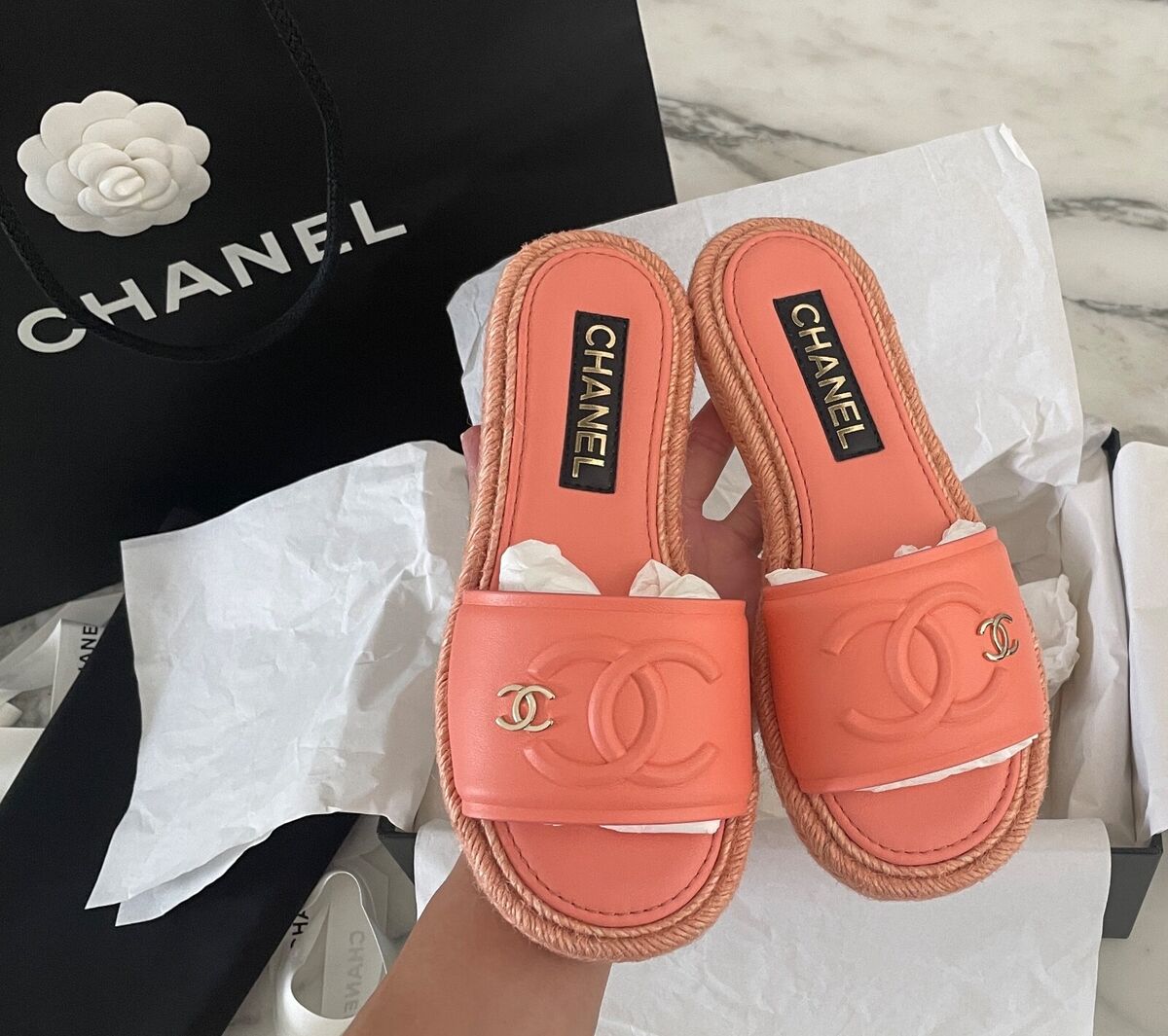 CHANEL light orange women's espadrilles sandals shoes CHANEL light orange women's espadrilles sandals shoes