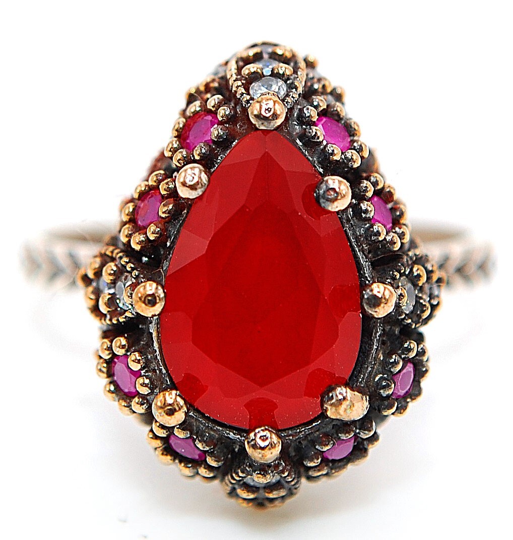 3CT Fire Garnet & Topaz 925 Sterling Silver Ottoman Empire Ring Size 7